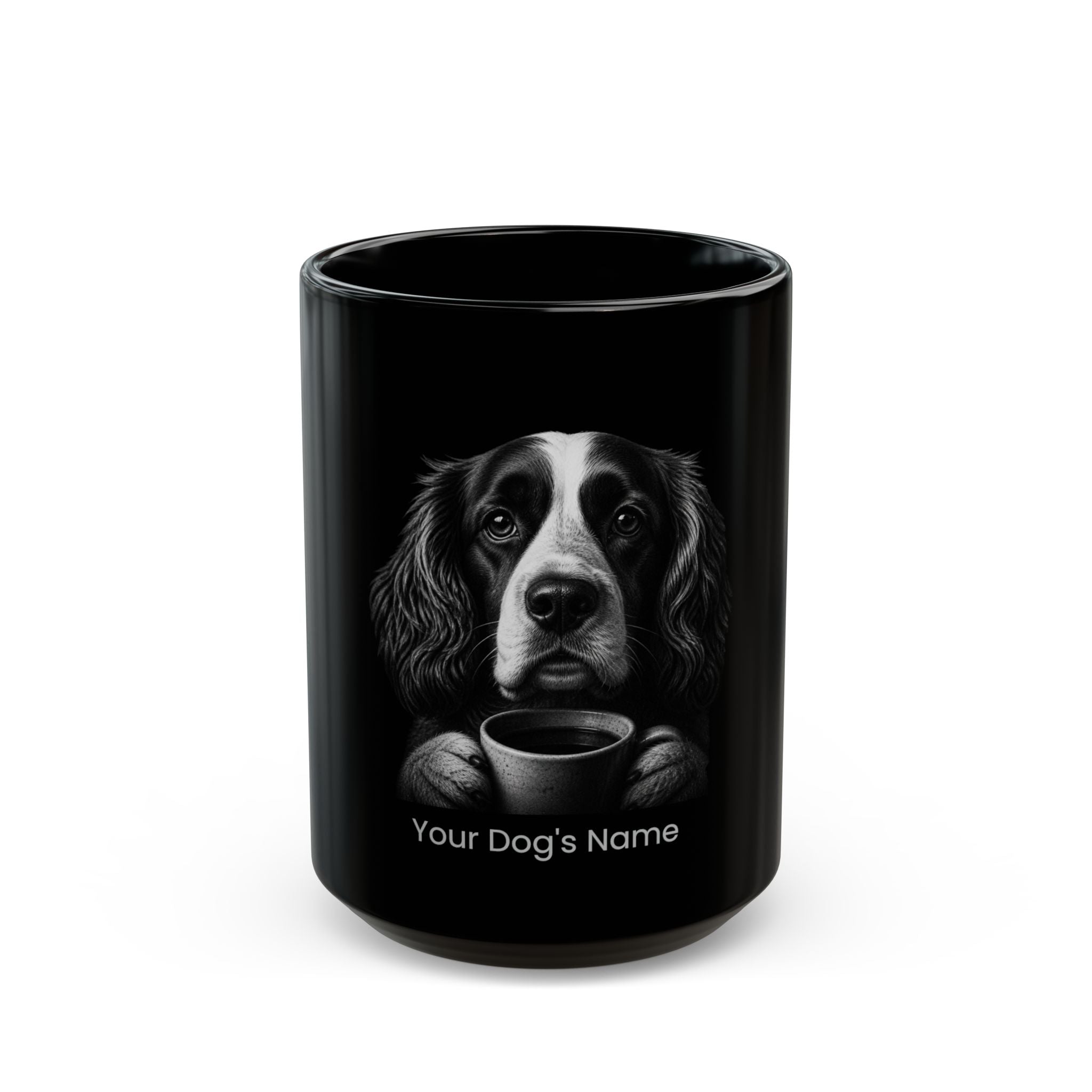 Personalized French Spaniel black ceramic coffee mug with custom dog name