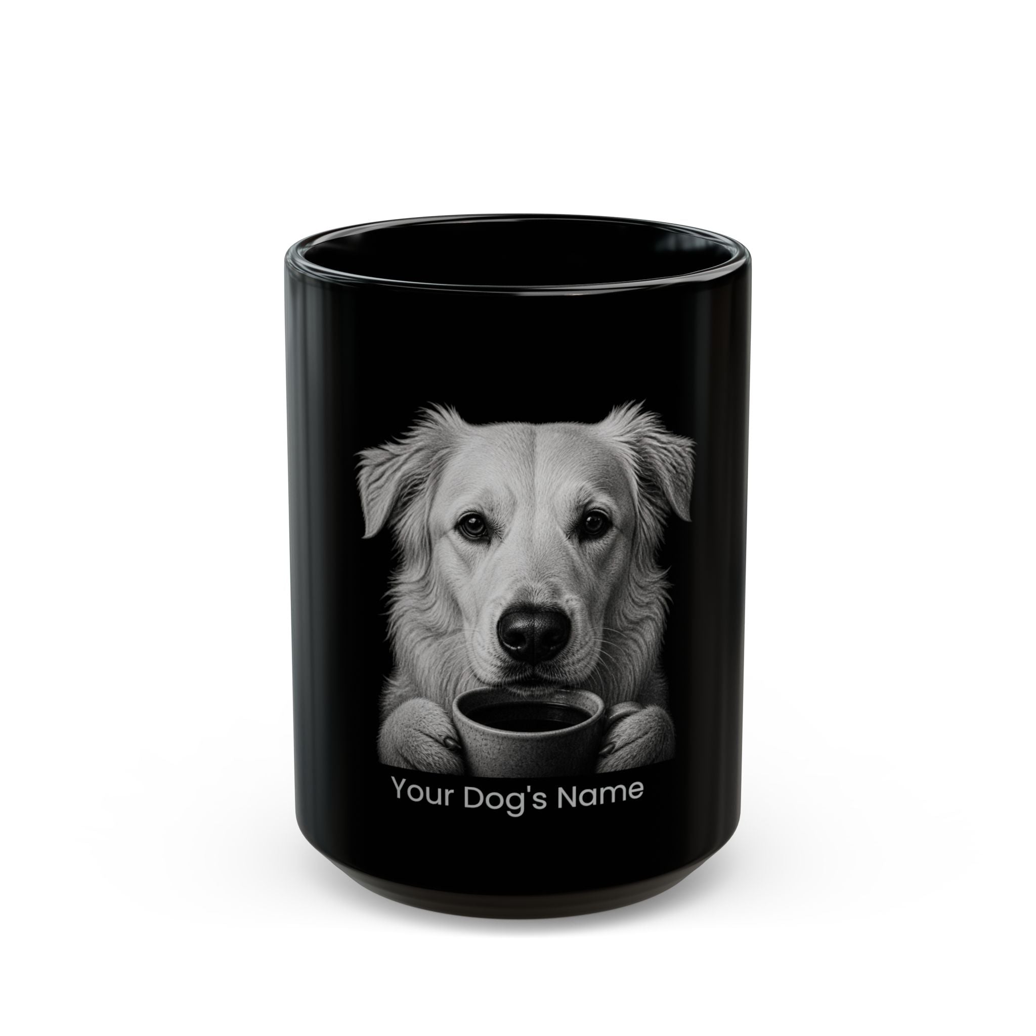 Personalized Maremma Sheepdog black ceramic coffee mug with custom dog name