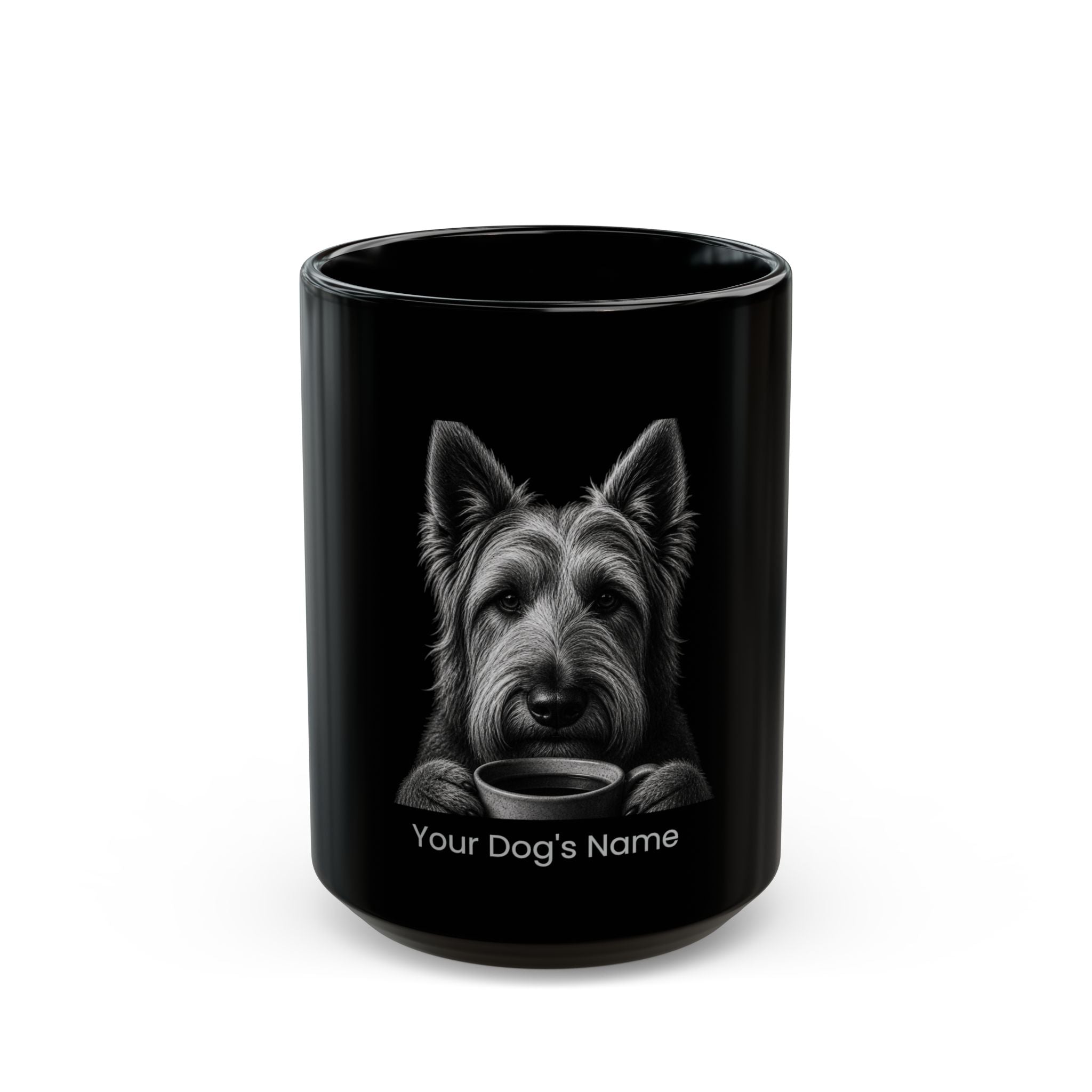 Personalized Briard black ceramic coffee mug with custom dog name