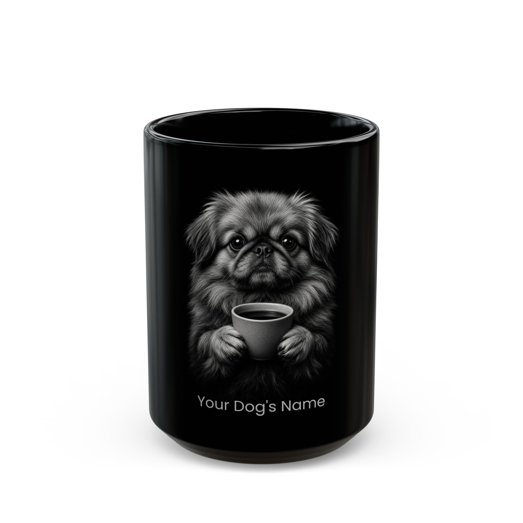 Personalized Pekingese black ceramic coffee mug with custom dog name