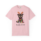 Light pink Comfort Colors unisex t-shirt featuring a Yorkie wearing reindeer antlers and lights.