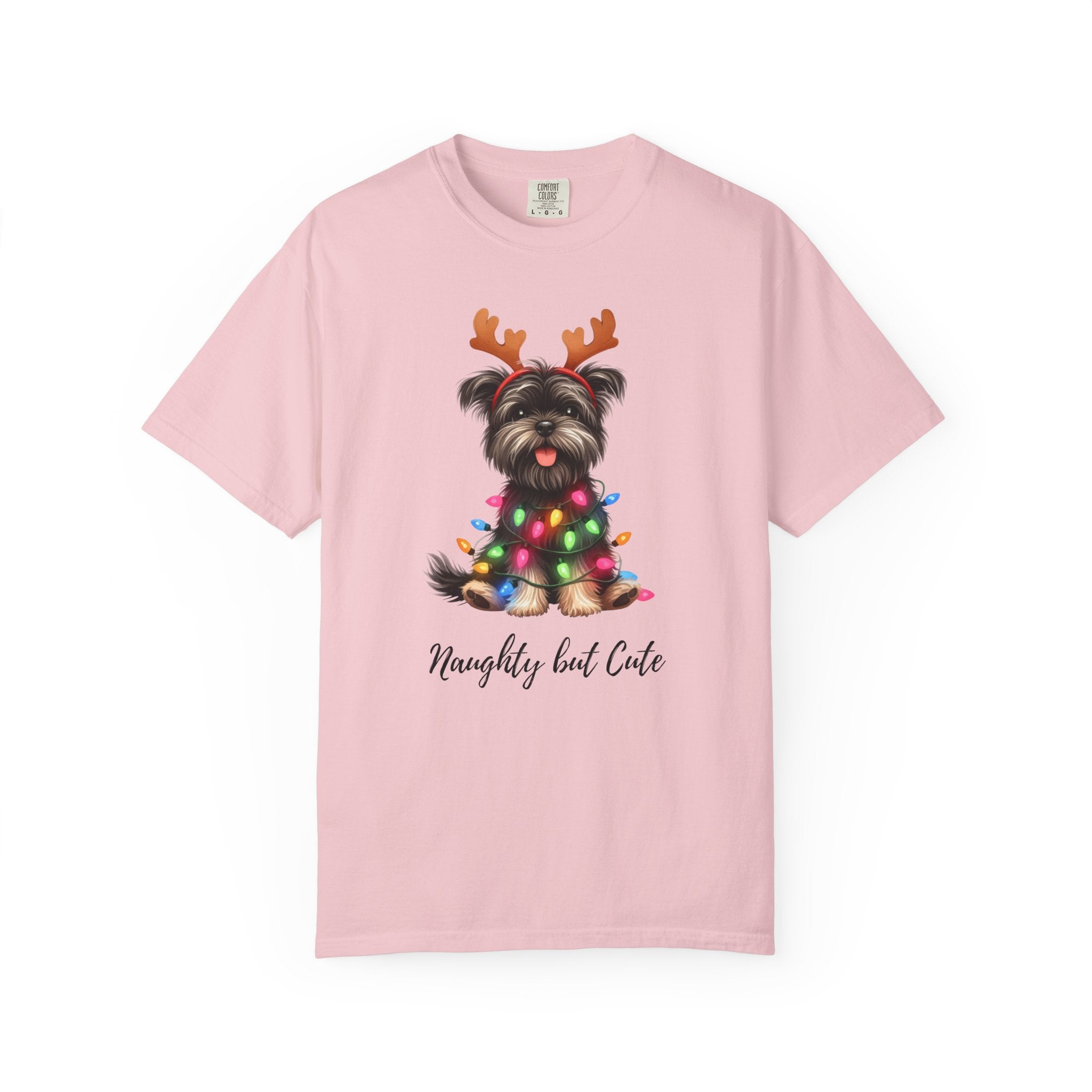 Light pink Comfort Colors unisex t-shirt featuring a Yorkie wearing reindeer antlers and lights.