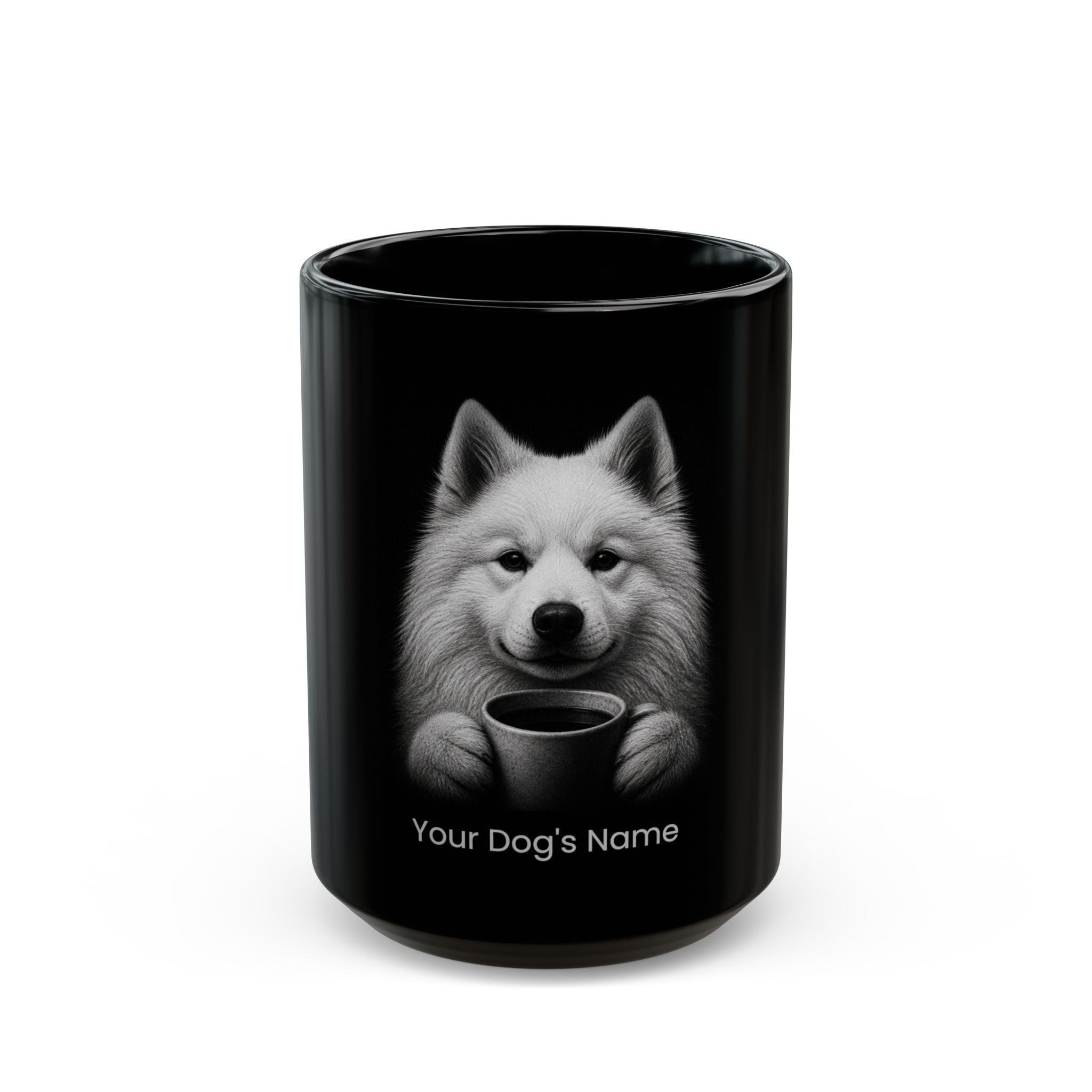Personalized Samoyed black ceramic coffee mug with custom dog name