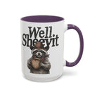 White ceramic mug with a purple rim and handle, featuring a raccoon in a cowboy hat holding a mug.