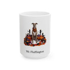 Personalized Greyhound dog Halloween mug, 15oz white ceramic, with custom pet name on front