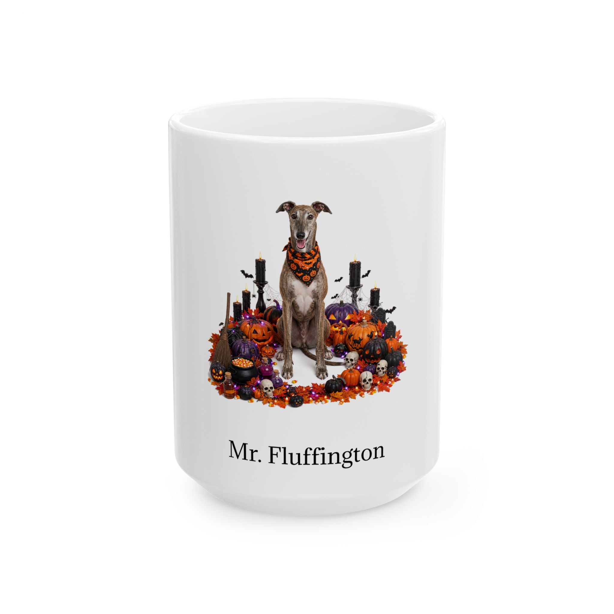Personalized Greyhound dog Halloween mug, 15oz white ceramic, with custom pet name on front