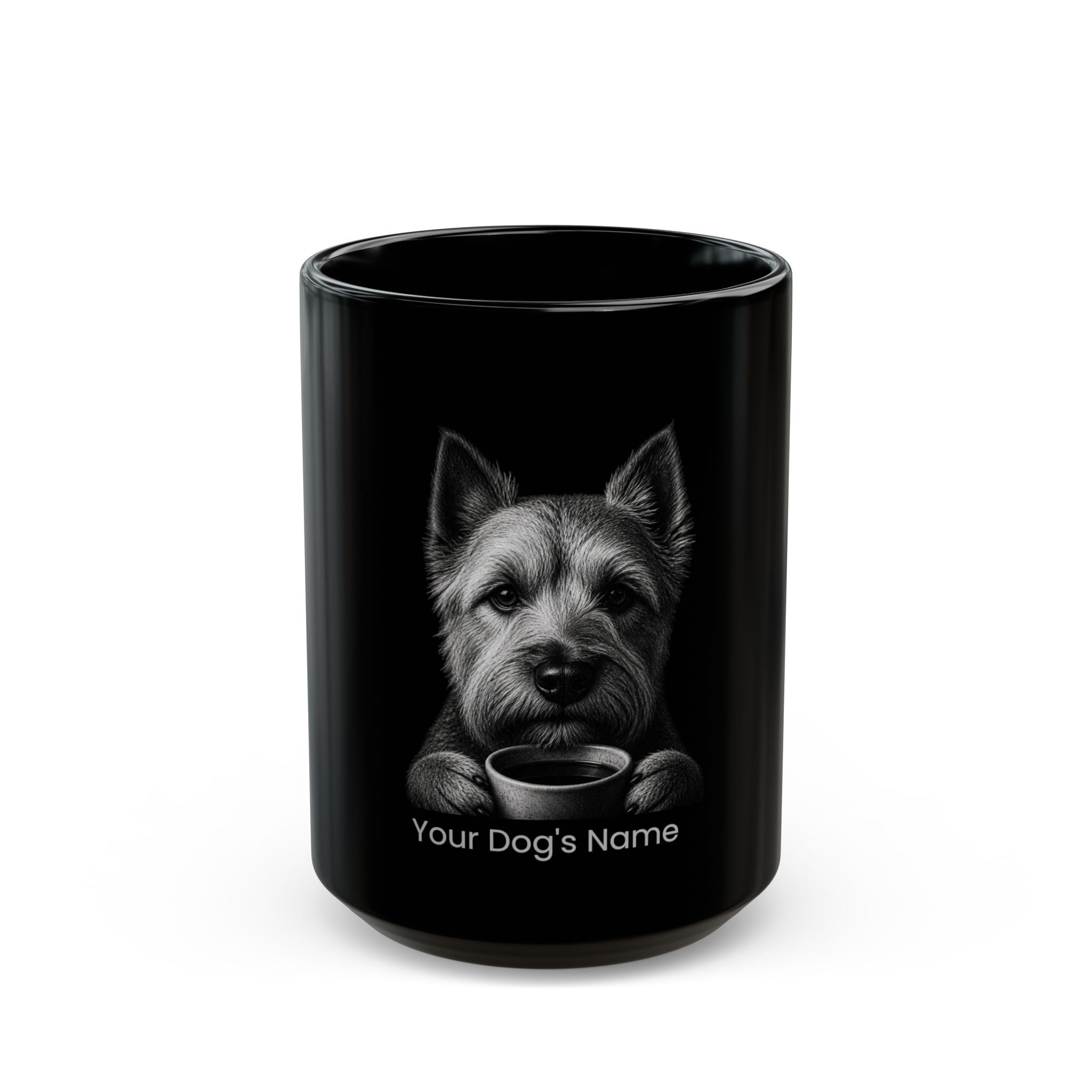 Personalized Norwich Terrier black ceramic coffee mug with custom dog name