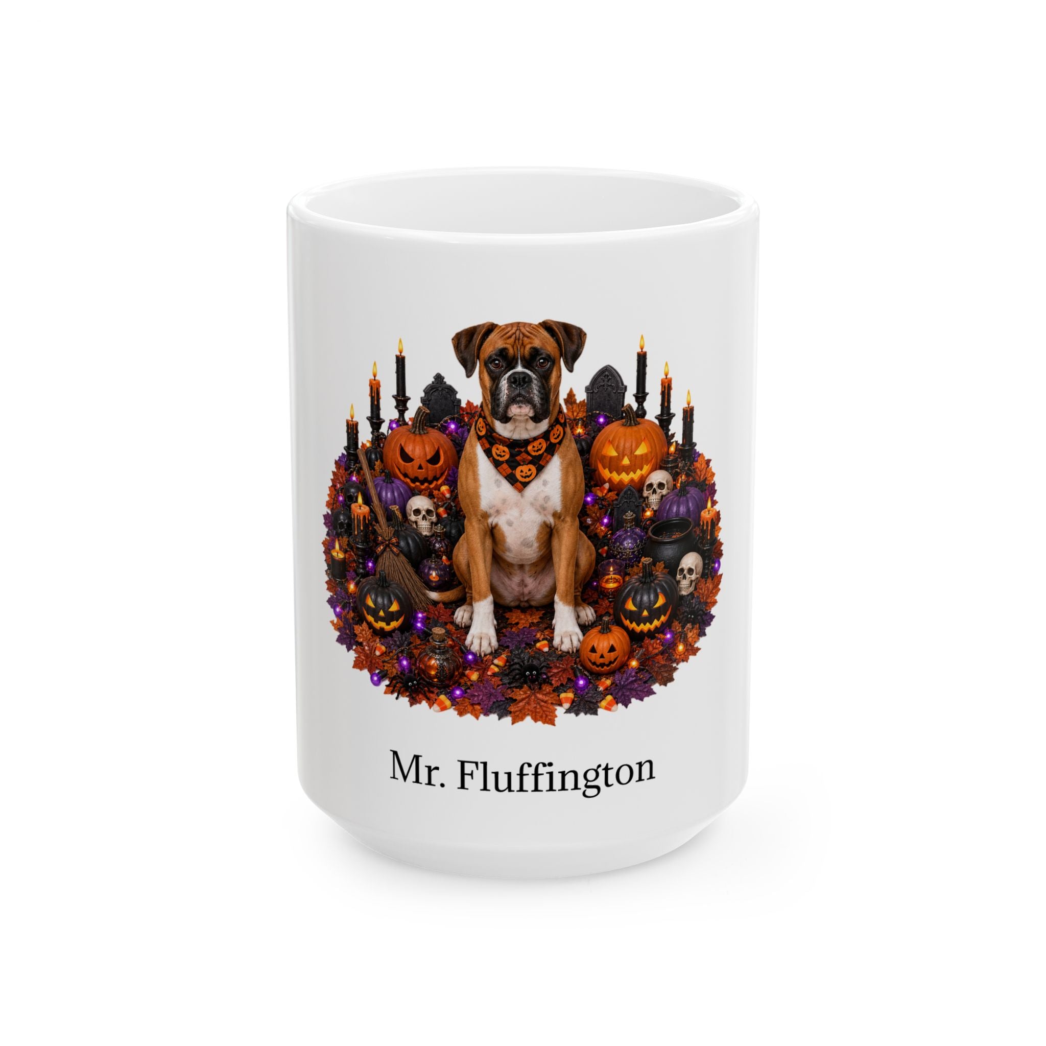 Angled Boxer dog Halloween mug with personalized pet name and fall design — image 3