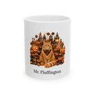 Personalized Orange Ginger cat Halloween mug, 11oz white ceramic, with custom pet name on front
