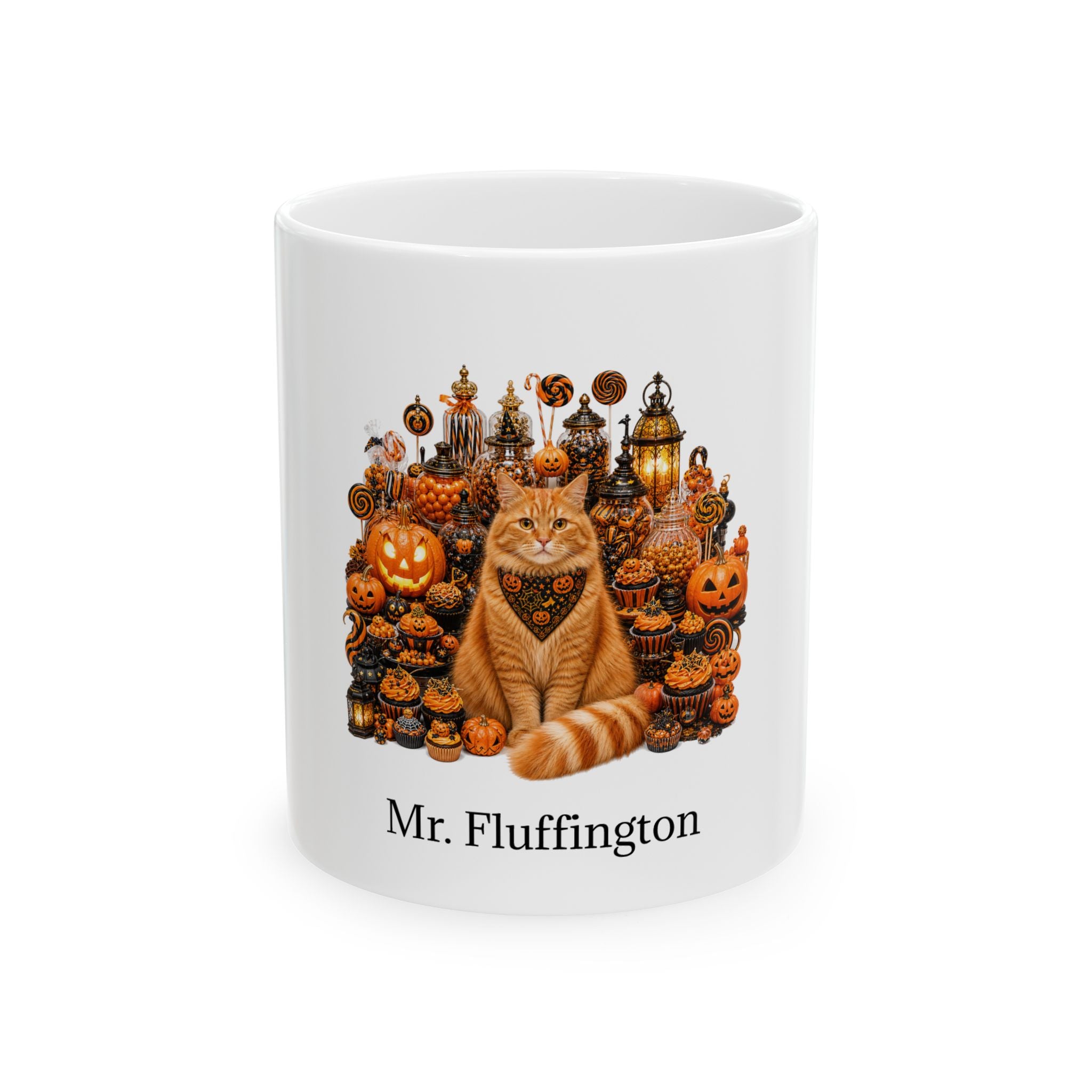 Personalized Orange Ginger cat Halloween mug, 11oz white ceramic, with custom pet name on front
