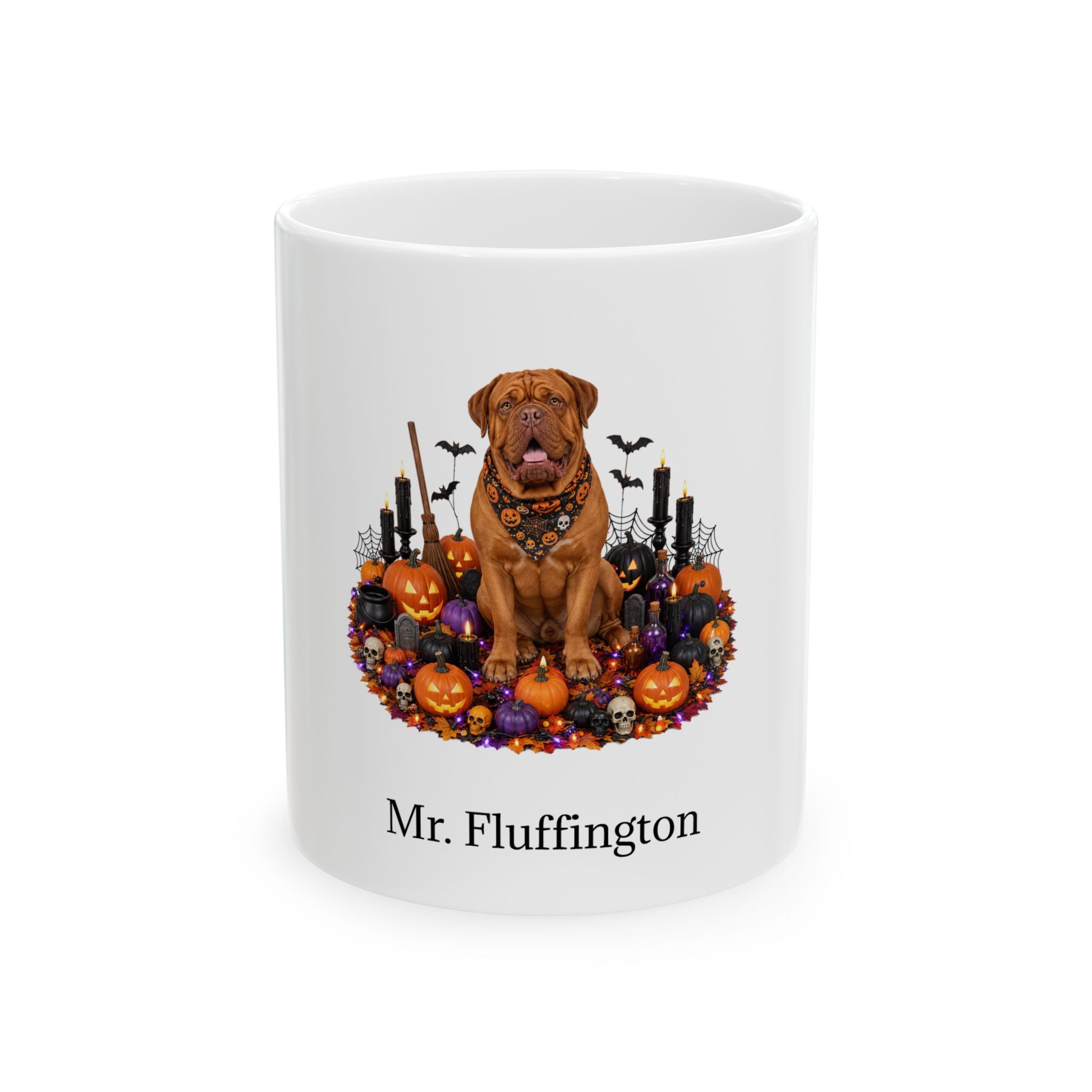 Personalized Dogue de Bordeaux dog Halloween mug, 15oz white ceramic, with custom pet name on front