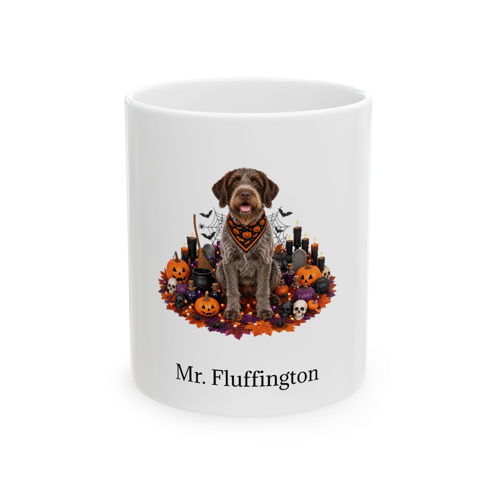 Personalized Wirehaired Pointing Griffon dog Halloween mug, 15oz white ceramic, with custom pet name on front