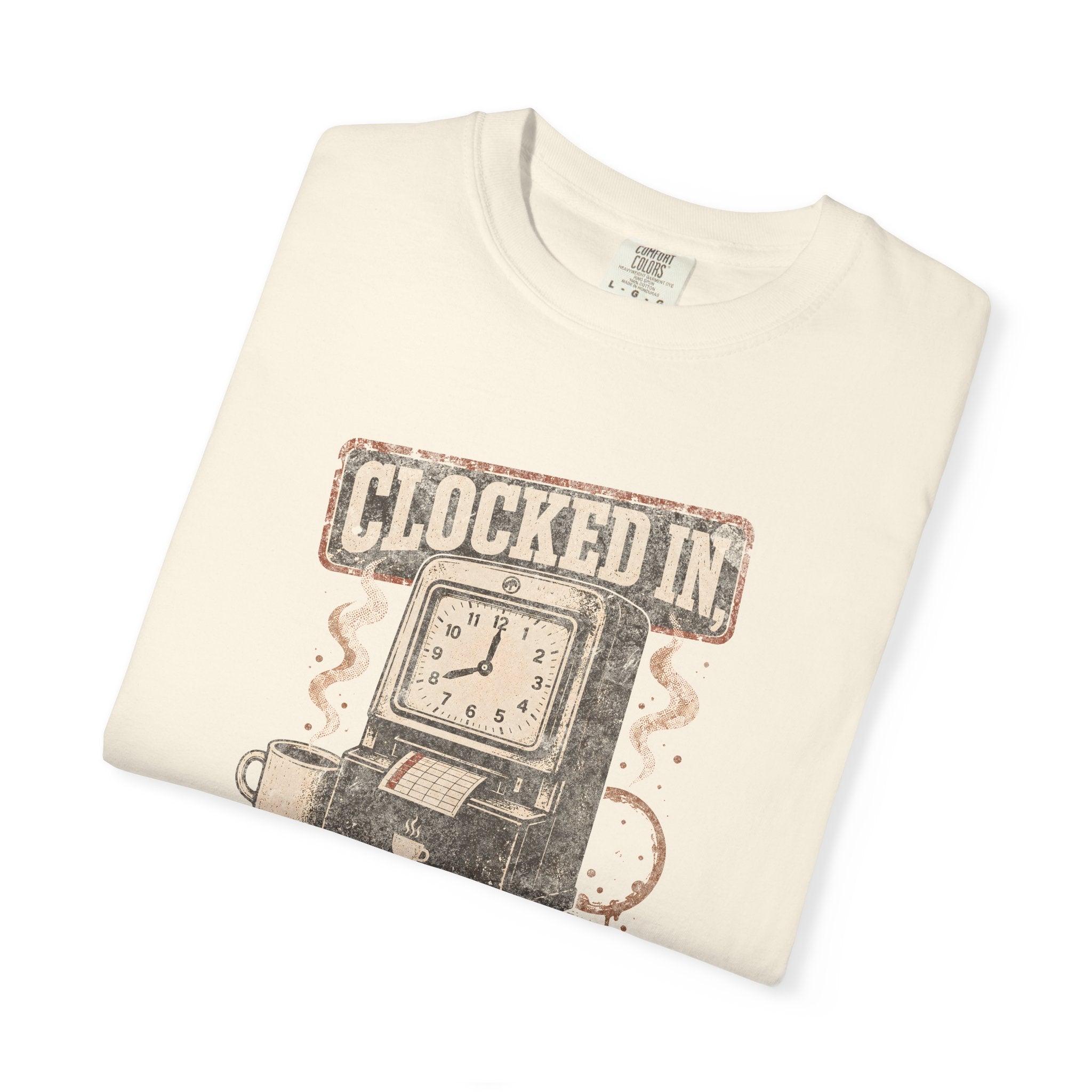 Cream-colored Comfort Colors 1717 t-shirt featuring a vintage clock and coffee graphic.