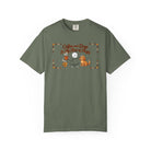 Olive green t-shirt with a stick figure petting a dog and holding a coffee mug.
