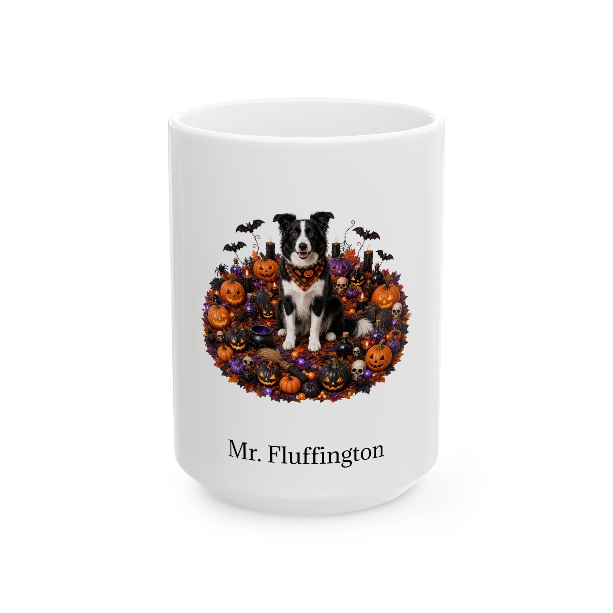 Personalized Border Collie dog Halloween mug, 11oz white ceramic, with custom pet name on front