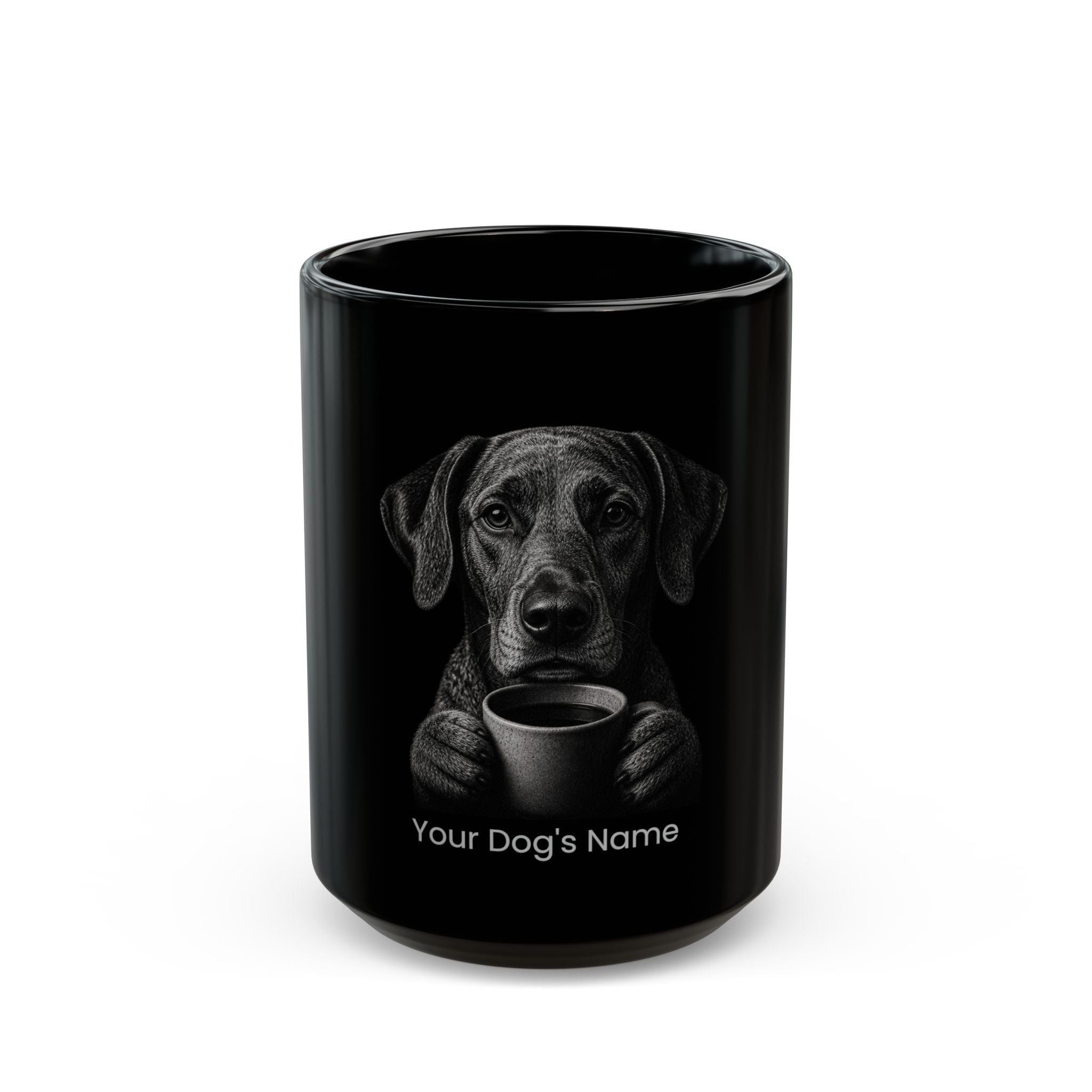 Personalized Plott Hound black ceramic coffee mug with custom dog name