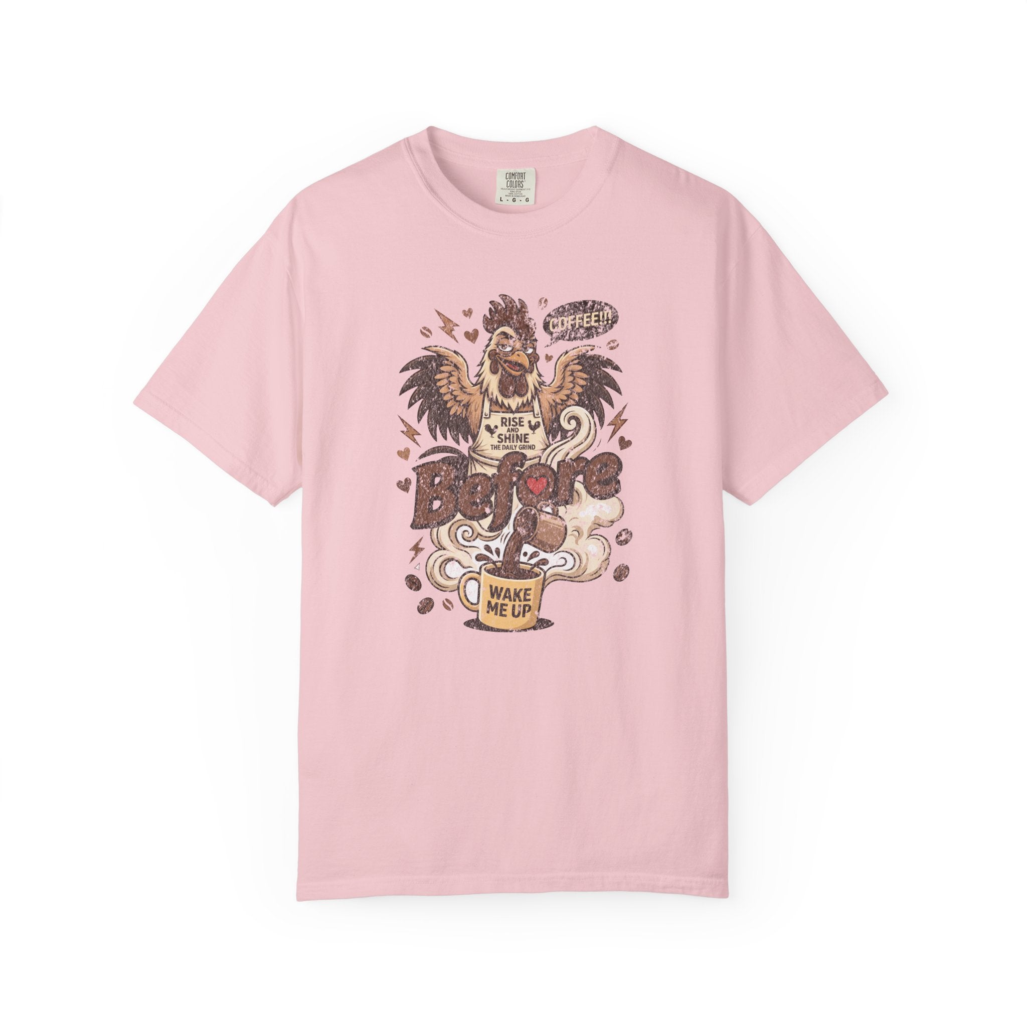 Light pink unisex t-shirt featuring a distressed graphic of a rooster drinking coffee.