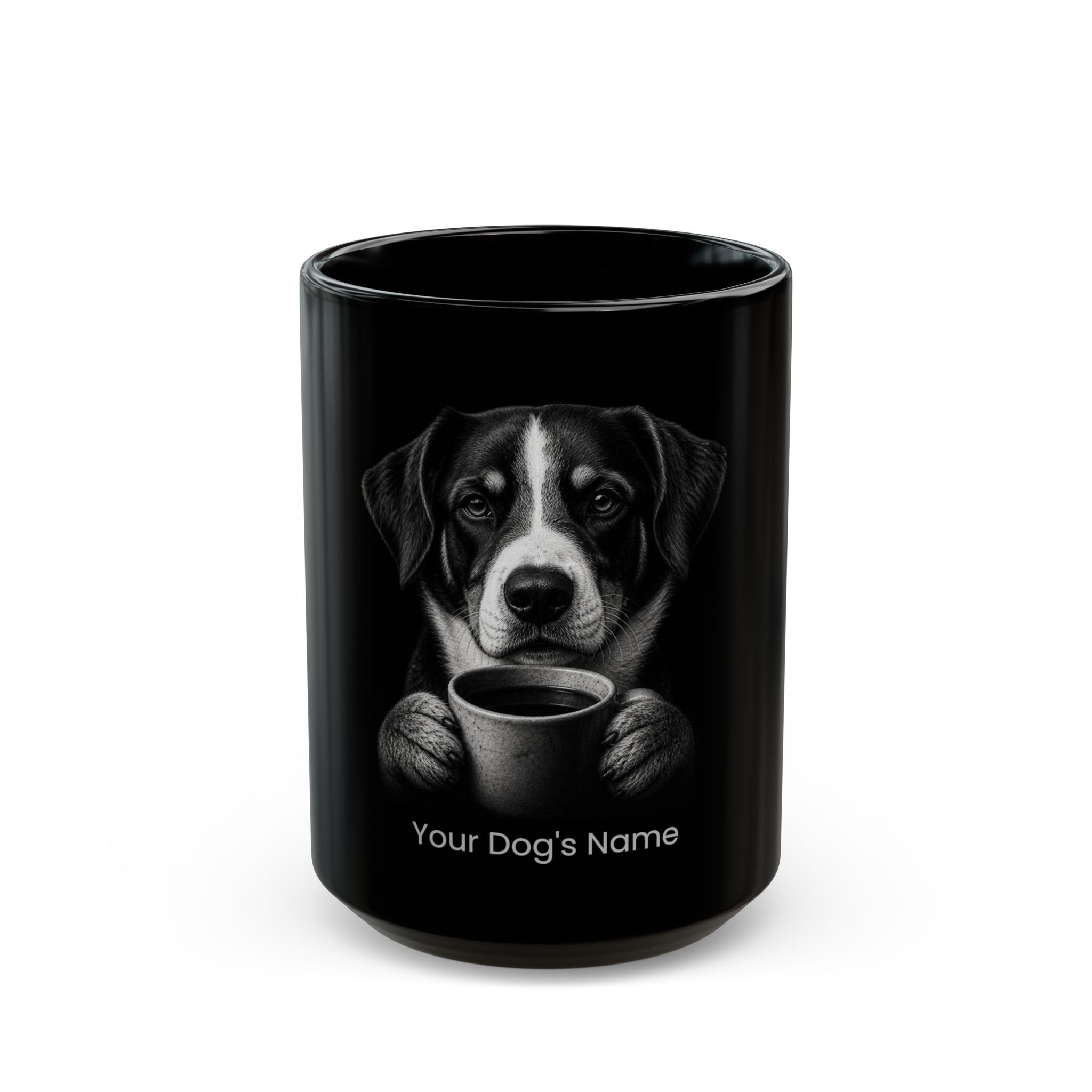 Personalized Entlebucher Mountain Dog black ceramic coffee mug with custom dog name