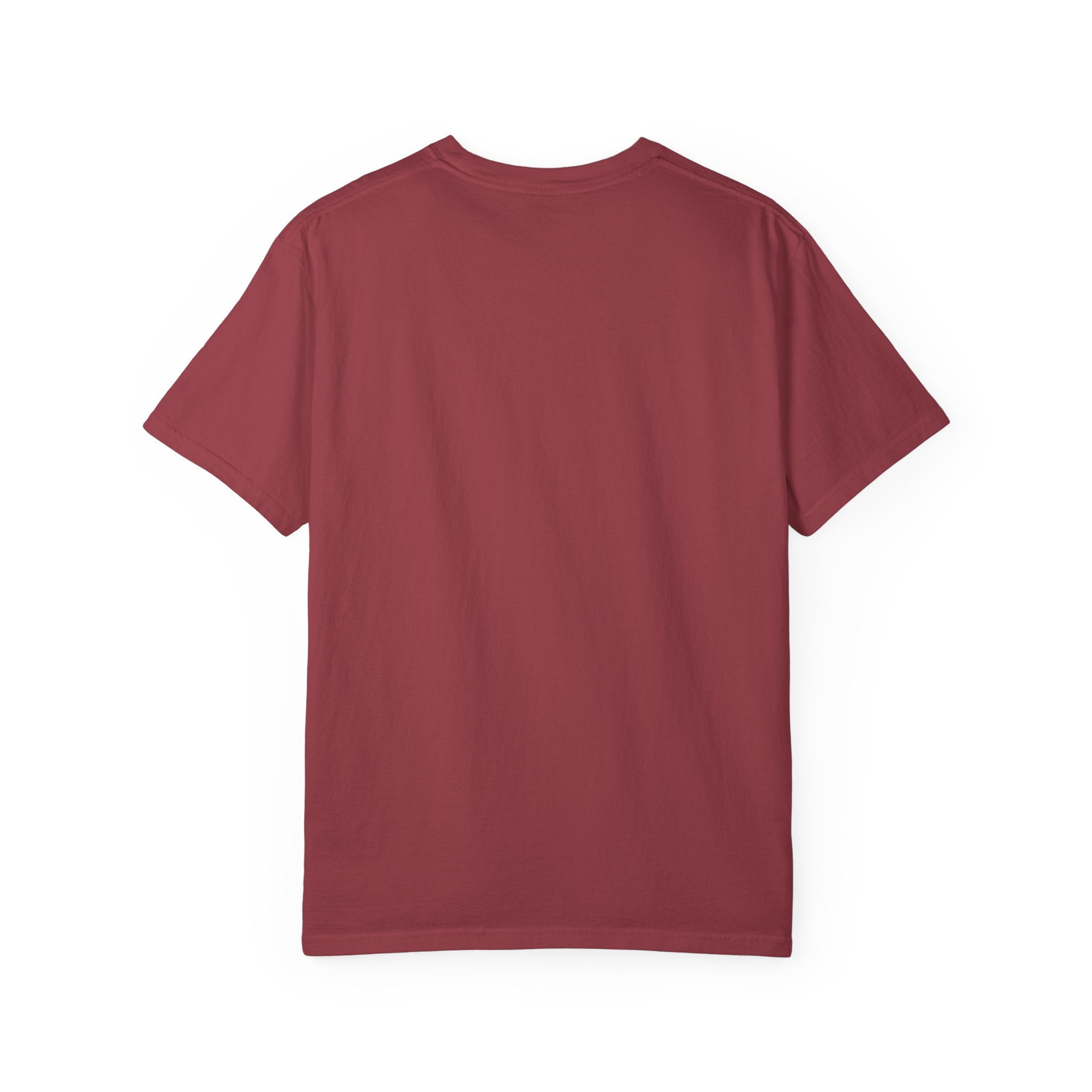 A plain crimson heavyweight cotton t-shirt shown from the back.
