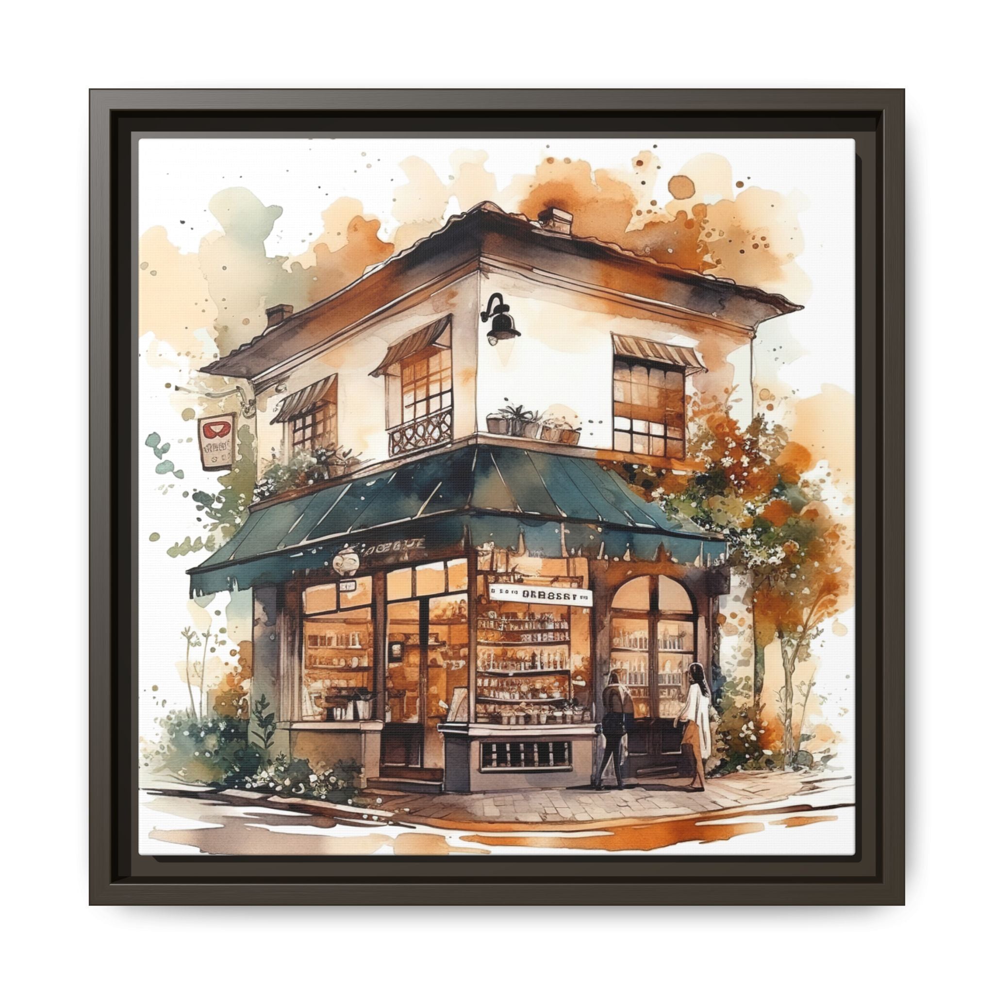 Vintage Corner Café Watercolor Framed Canvas Print - 14x14 Wall Art