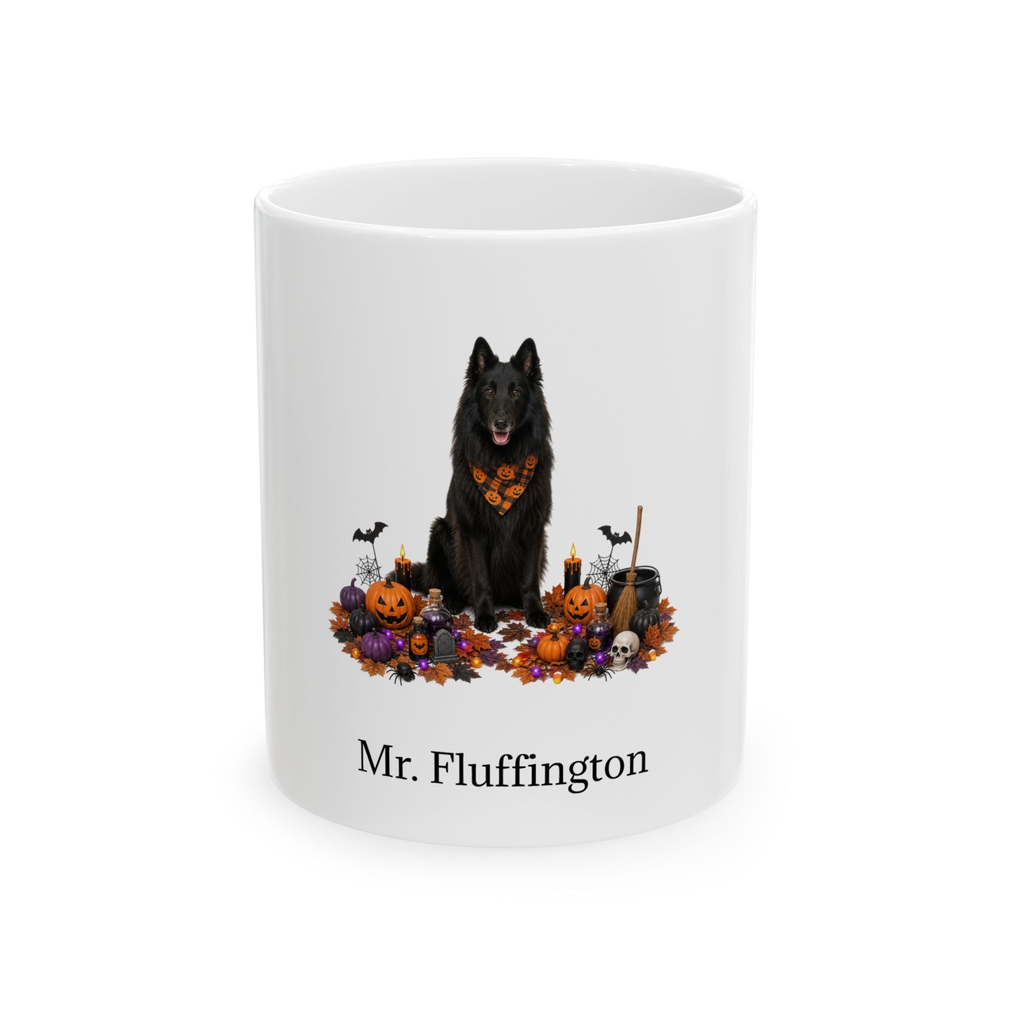 Personalized Belgian Sheepdog Halloween mug, 15oz white ceramic, with custom pet name on front