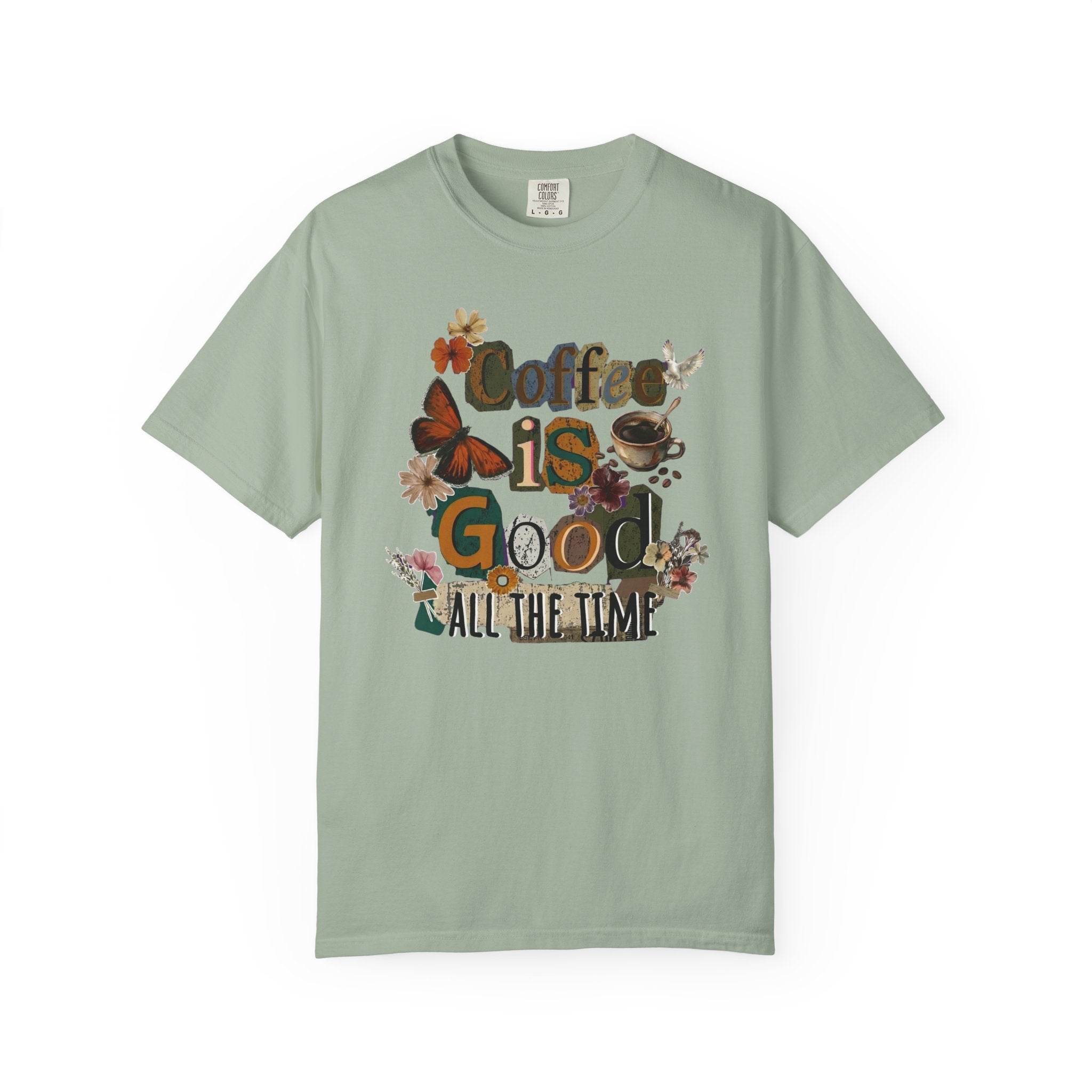 A sage green cotton t-shirt featuring a vintage floral coffee graphic on the front.