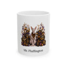 Personalized Peterbald cat Halloween mug, 11oz white ceramic, with custom pet name on front