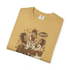 Tan unisex cotton t-shirt featuring a distressed graphic of a rooster wearing a coffee apron.