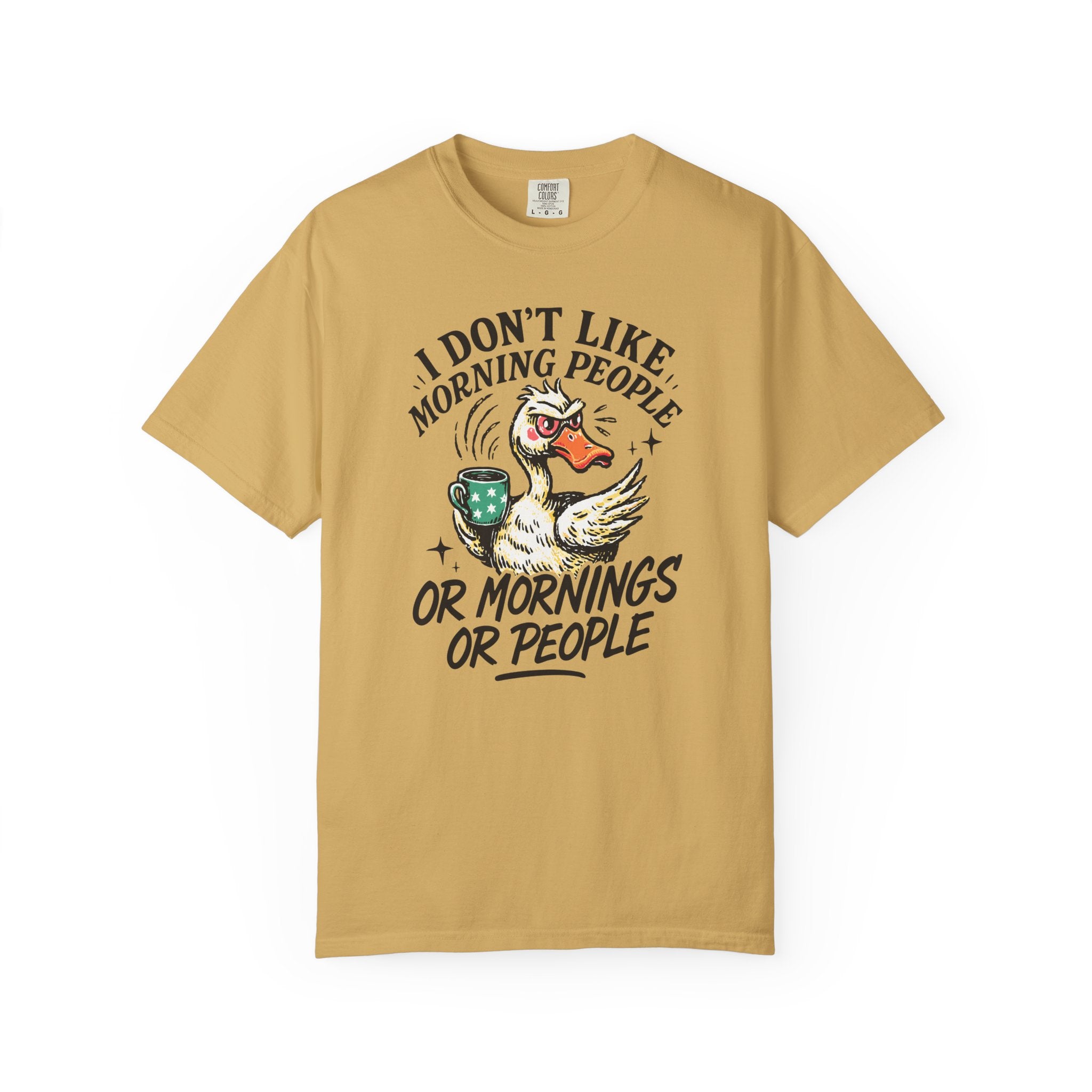 Mustard yellow t-shirt featuring a grumpy duck holding a coffee mug with text about morning people.