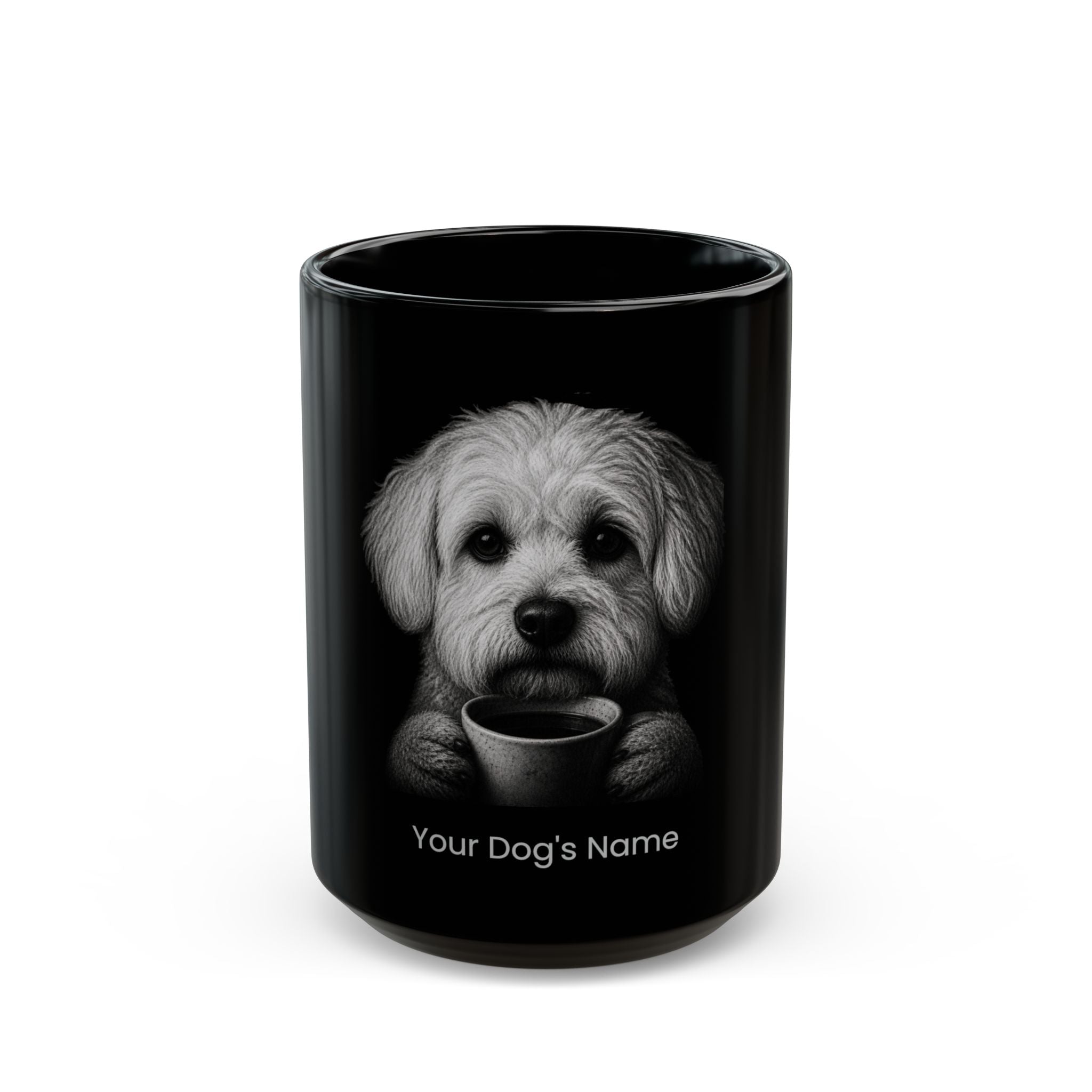 Personalized Bolognese black ceramic coffee mug with custom dog name