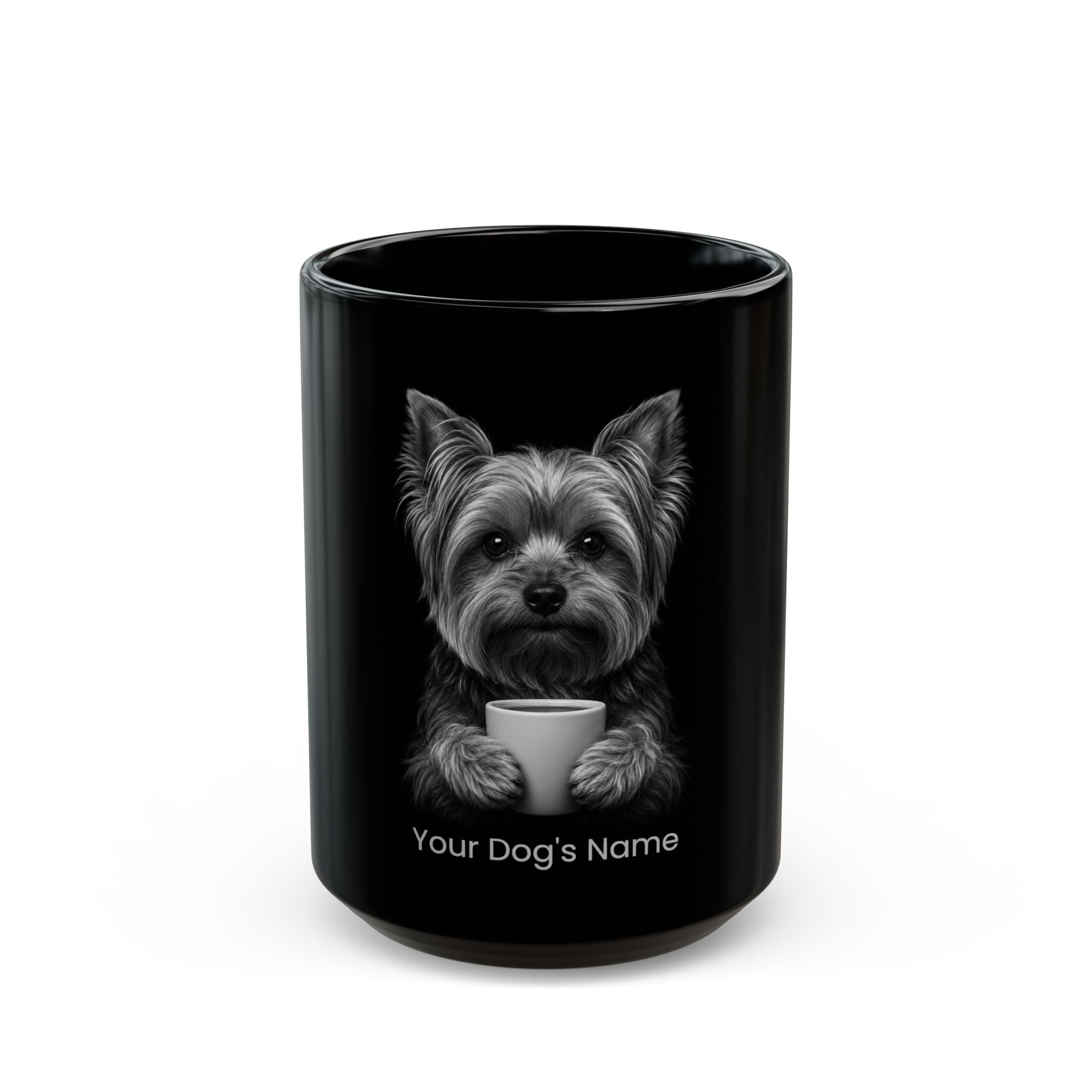 Personalized Yorkshire Terrier black ceramic coffee mug with custom dog name