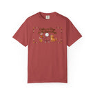 Red t-shirt featuring a stick figure with a coffee mug and a dog with the text Coffee and Dogs.