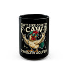Black ceramic coffee mug featuring a cartoon rooster wearing sunglasses and a cap.