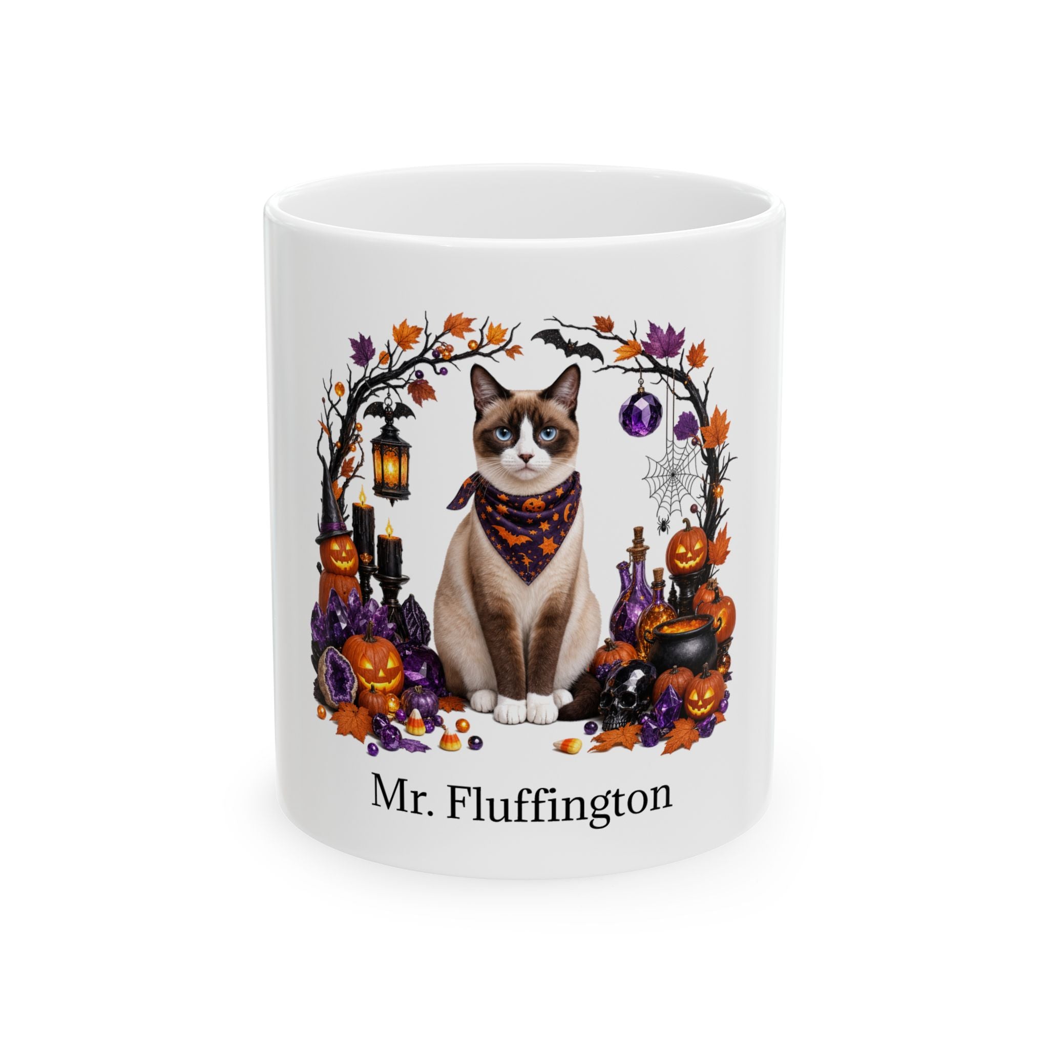 Personalized Snowshoe cat ceramic coffee mug with Halloween artwork and custom name — image 2