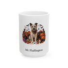 Personalized Pyrenean Shepherd dog Halloween mug, 15oz white ceramic, with custom pet name on front