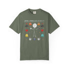 Olive green graphic t-shirt featuring a stick figure with coffee and a game controller.