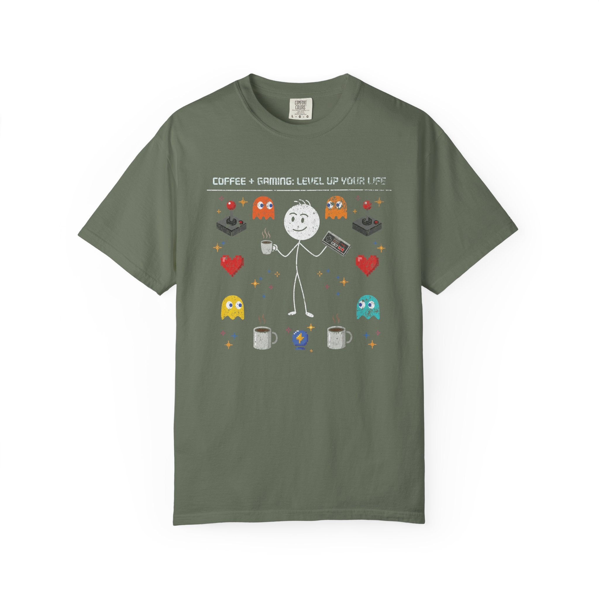 Olive green graphic t-shirt featuring a stick figure with coffee and a game controller.