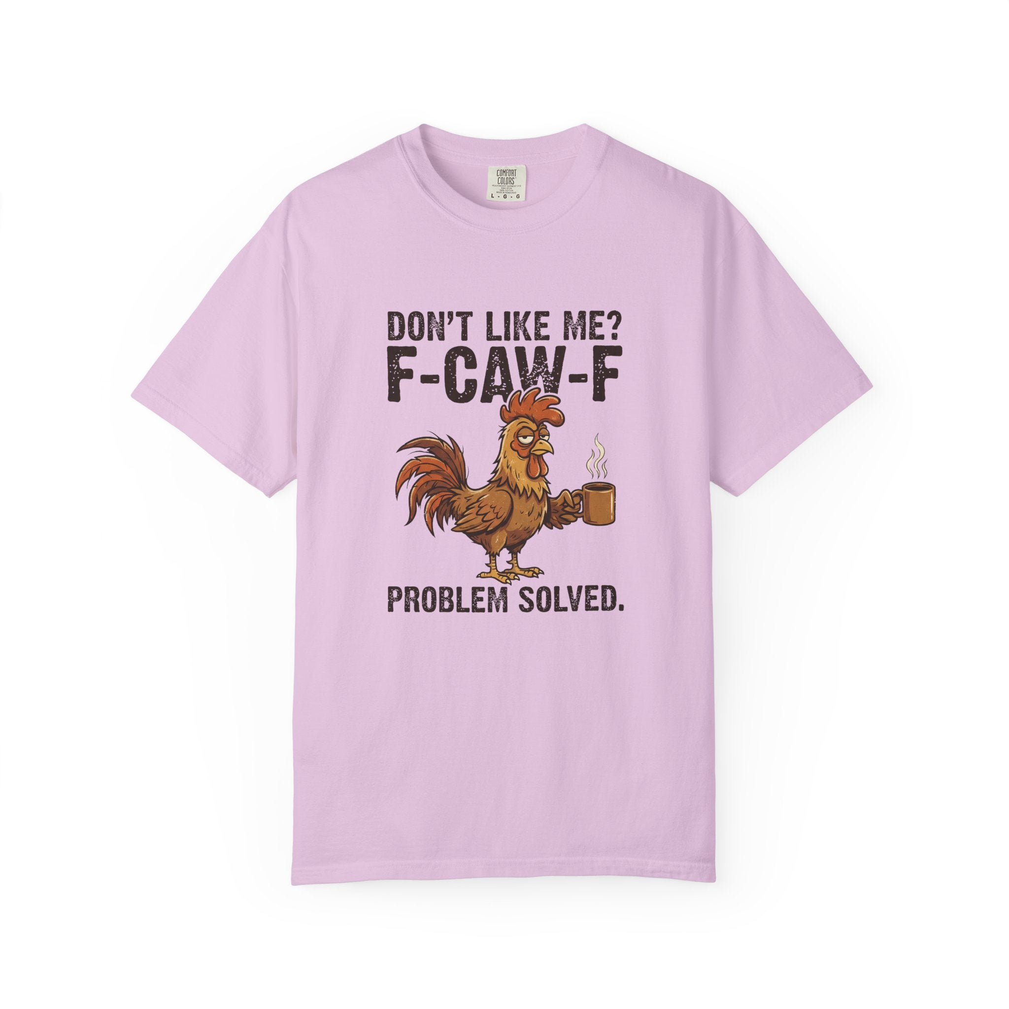 A light pink unisex t-shirt featuring a distressed graphic of a rooster holding a coffee mug.