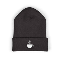 A dark gray cuffed beanie with a white embroidered steaming coffee cup.