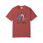 Red unisex t-shirt with a graphic of a duck with its head in a coffee mug and text Too Tired For This