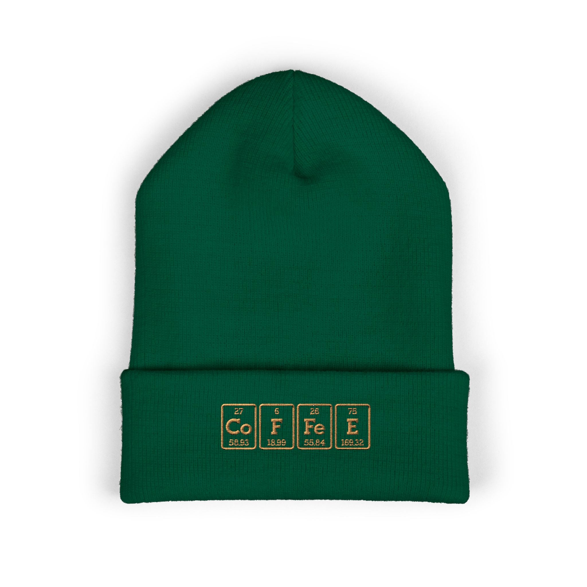 A green cuffed beanie with "COFFEE" embroidered in periodic table style.