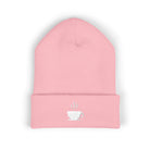 Pink cuffed beanie with embroidered steaming coffee cup.