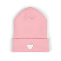 Pink cuffed beanie with embroidered steaming coffee cup.