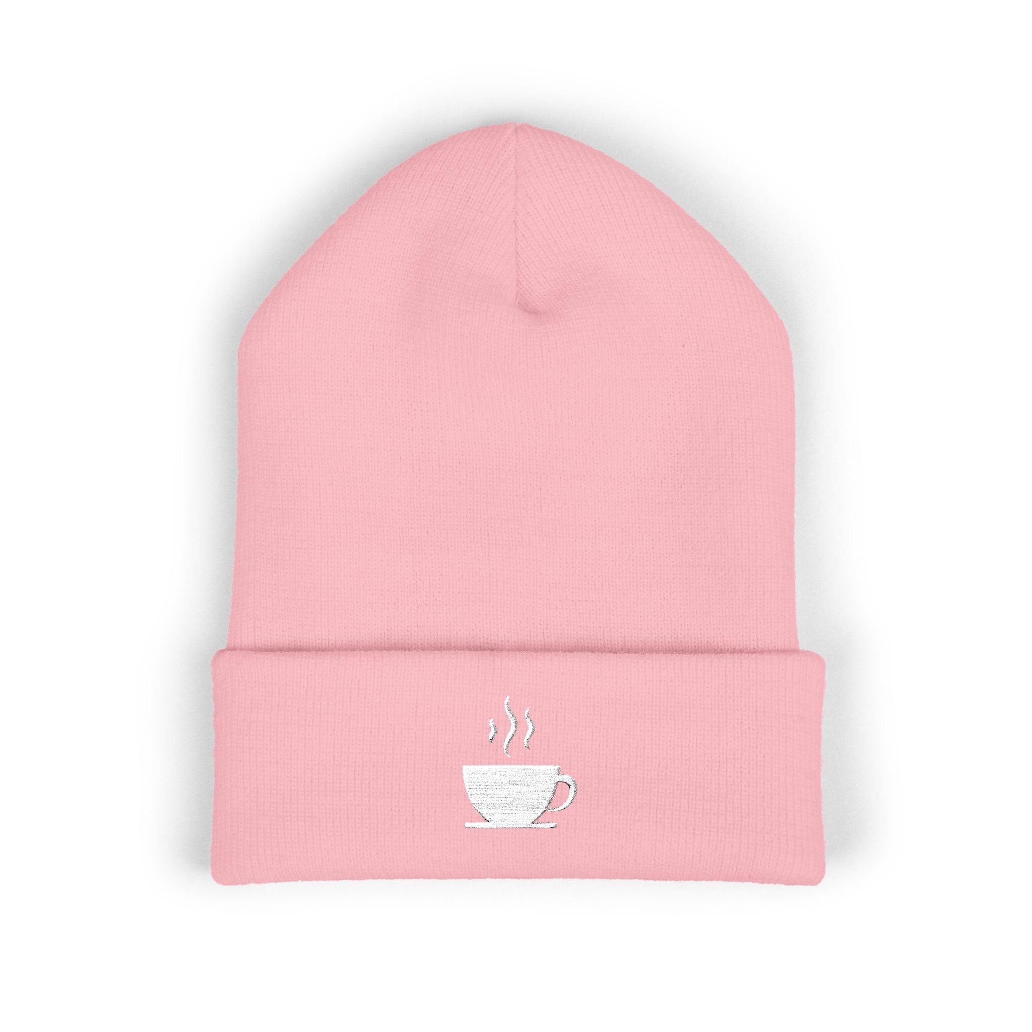 Pink cuffed beanie with embroidered steaming coffee cup.