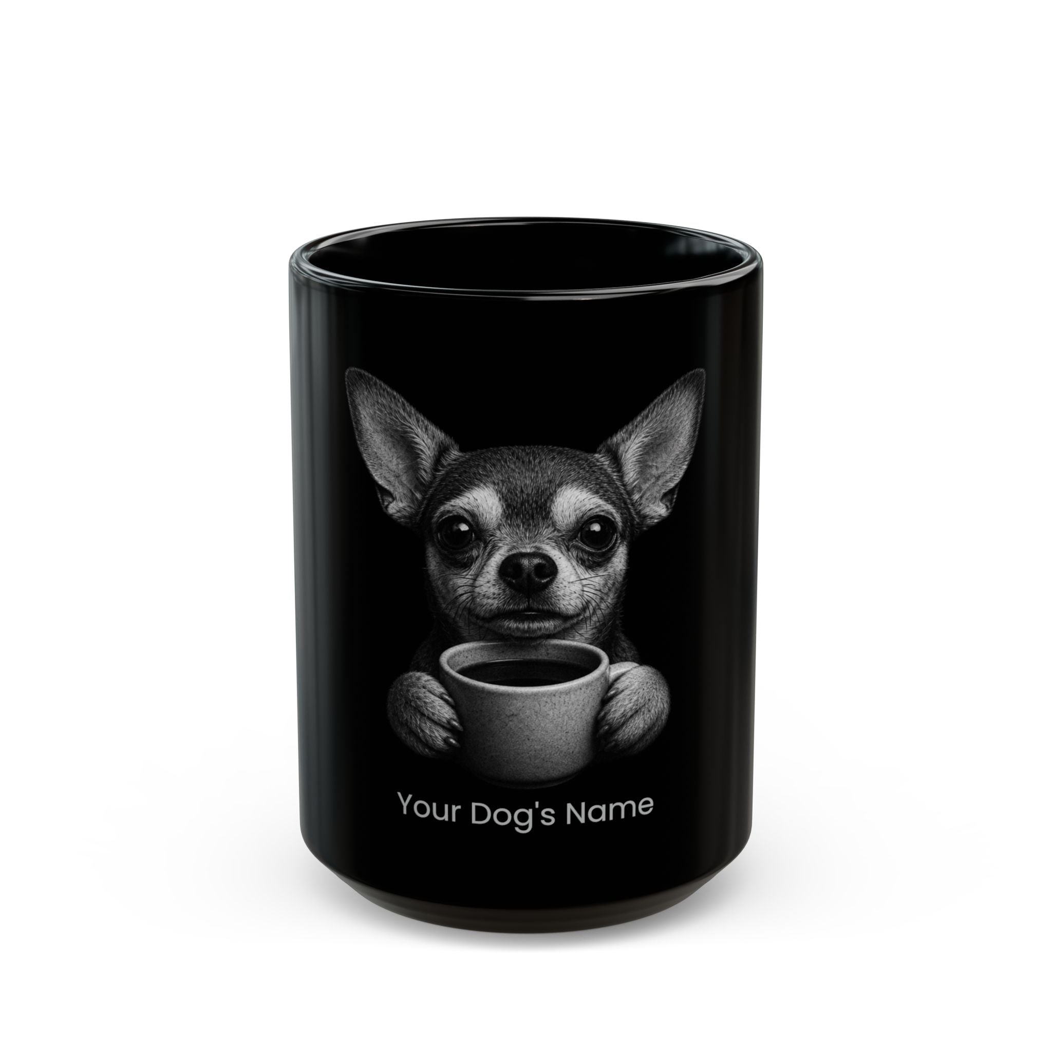 Personalized Chihuahua black ceramic coffee mug with custom dog name