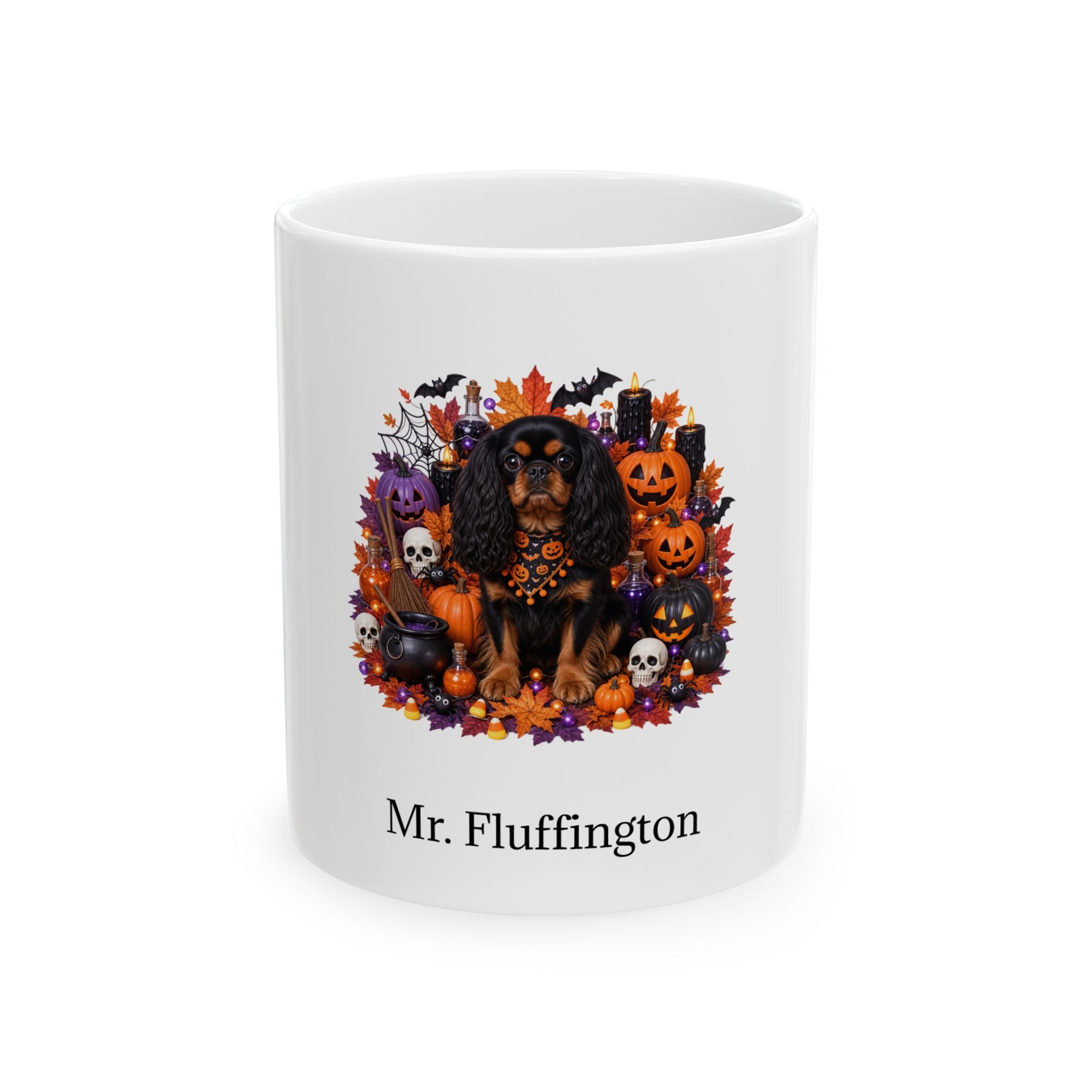 Personalized English Toy Spaniel dog Halloween mug, 15oz white ceramic, with custom pet name on front