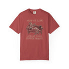 Red Comfort Colors 1717 t-shirt with a coffee bean character lounging on a sofa graphic.