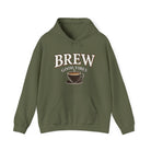 A green hoodie with "BREW GOOD VIBES" text and a coffee cup graphic.