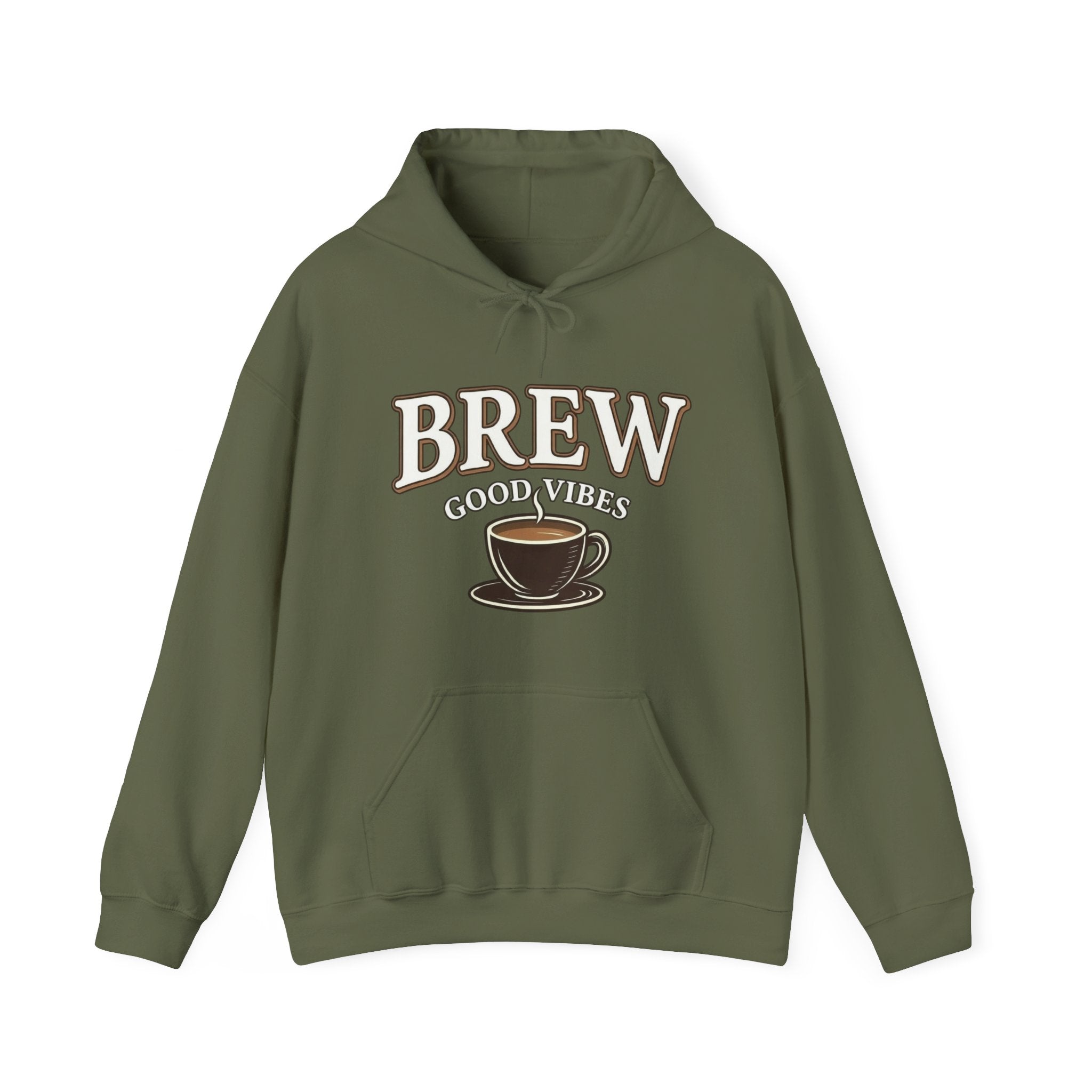 A green hoodie with "BREW GOOD VIBES" text and a coffee cup graphic.