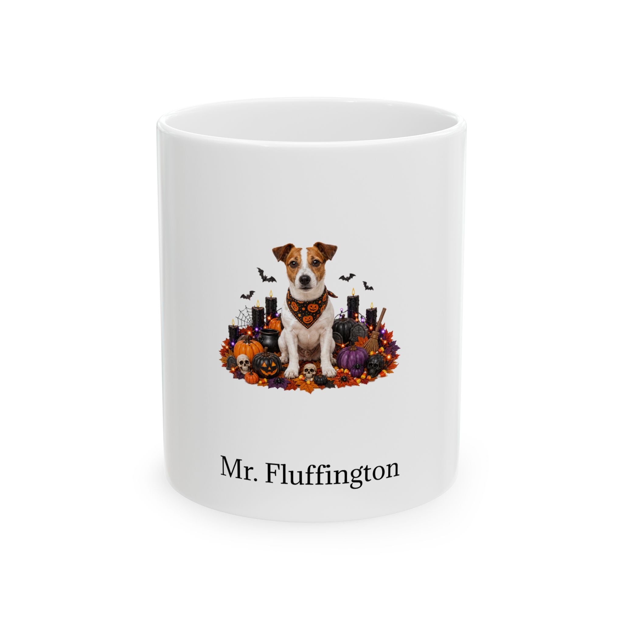 Personalized Jack Russell Terrier dog Halloween mug, 15oz white ceramic, with custom pet name on front